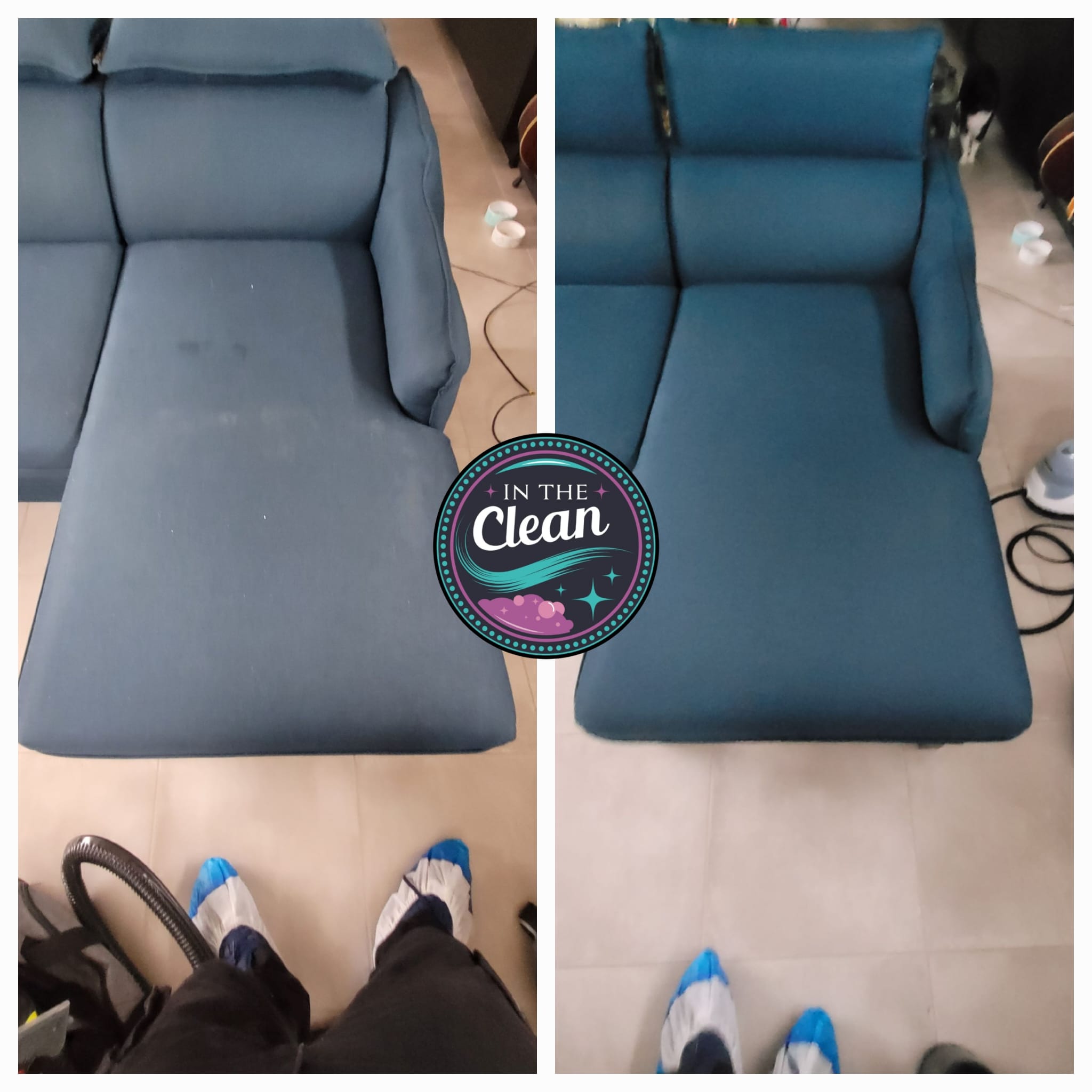 Avant après nettoyage canapé bleu